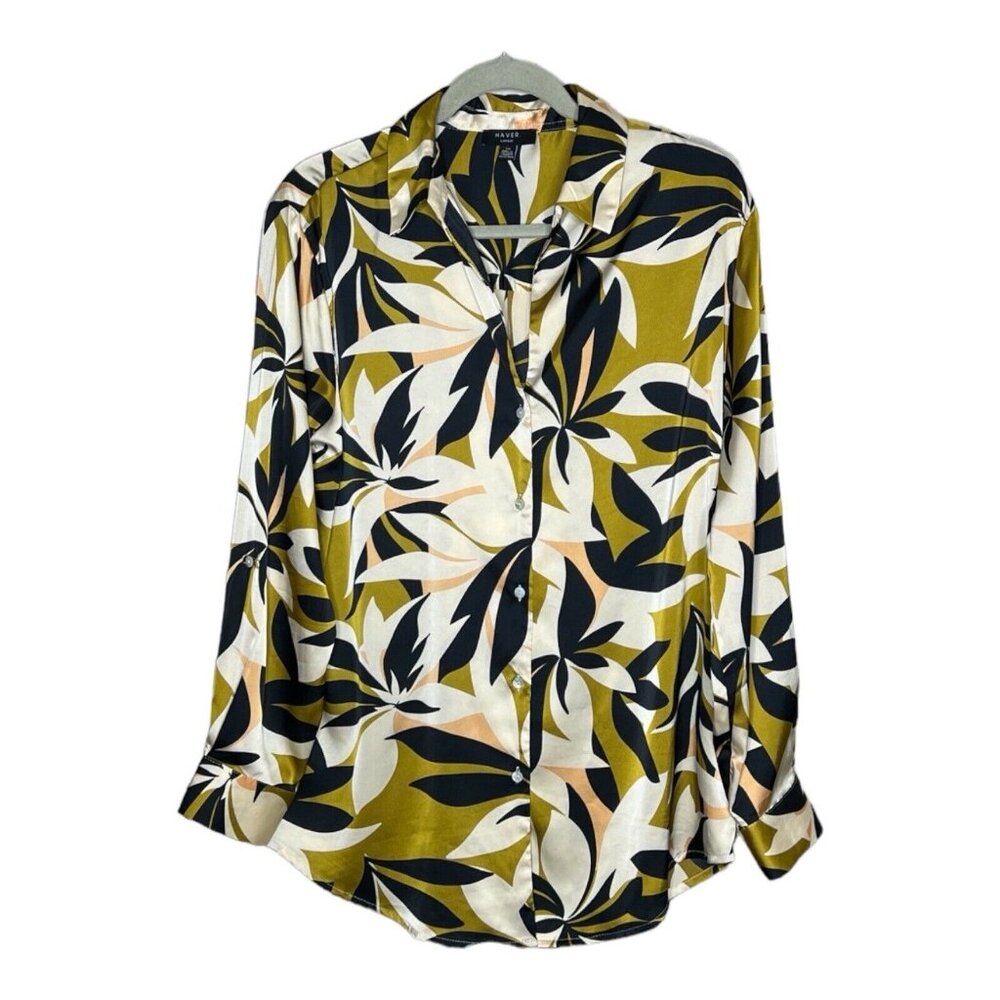 Haver London Womens Top Shirt Tunic Size SMALL Black Olive Tropical Floral Satin